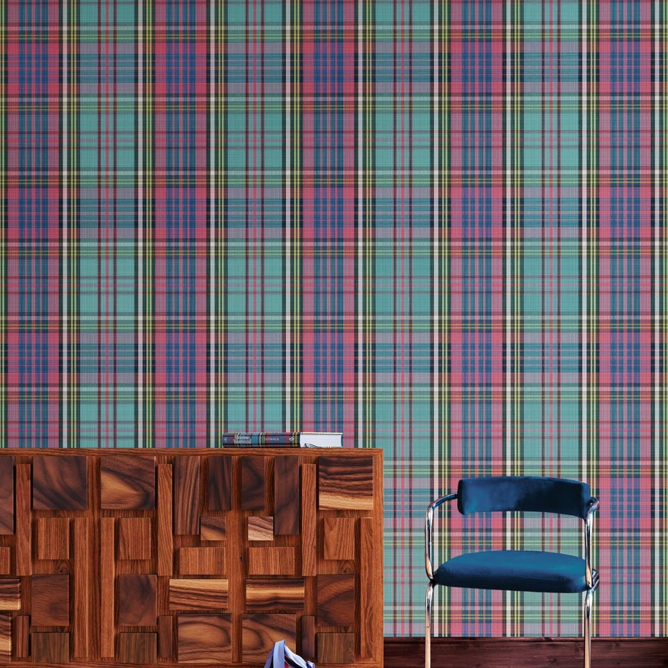 MacAndreas Tartan wallpaper by Cole & Son in Cyan & Magenta, room setting