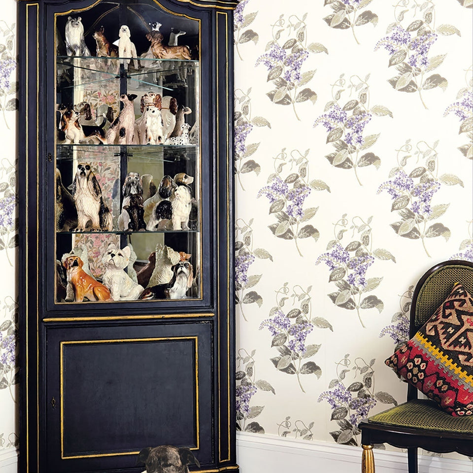 Madras Violet wallpaper by Cole & Son in Lilac & Stone on Chalk, room setting