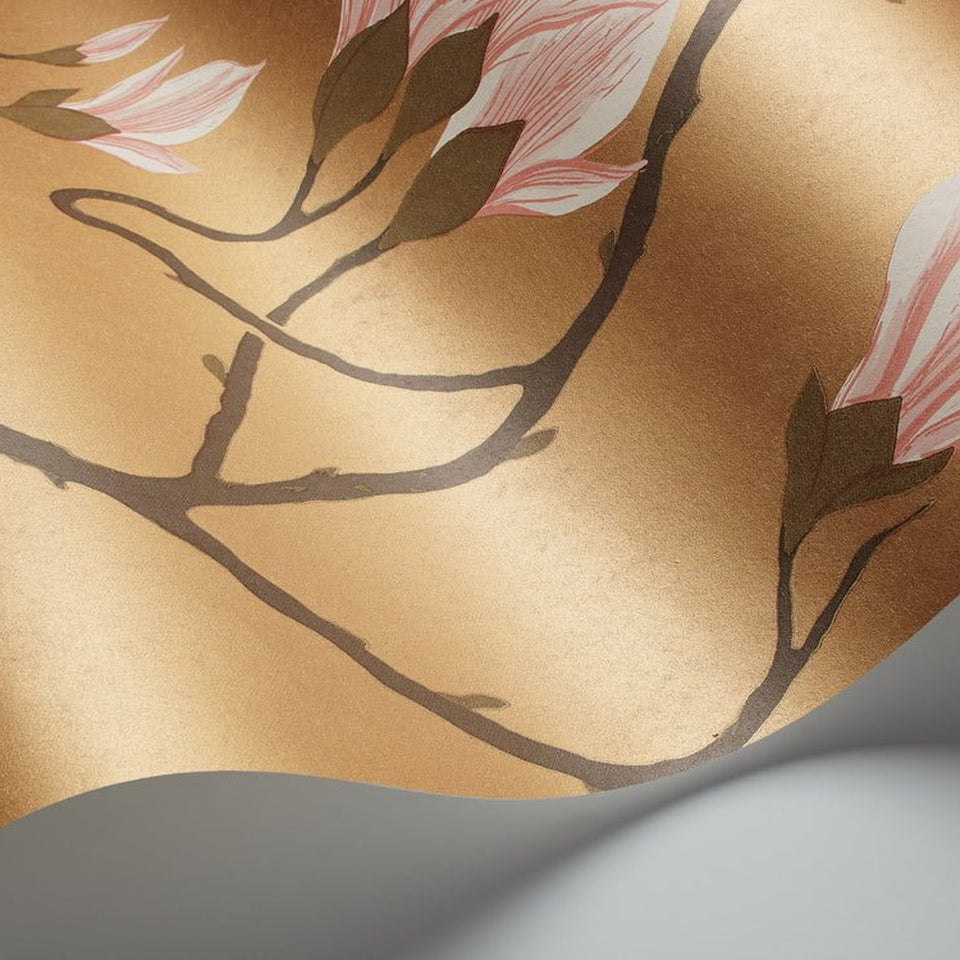 Magnolia wallpaper by Cole & Son, Blush Pink on Metallic Bronze, detail