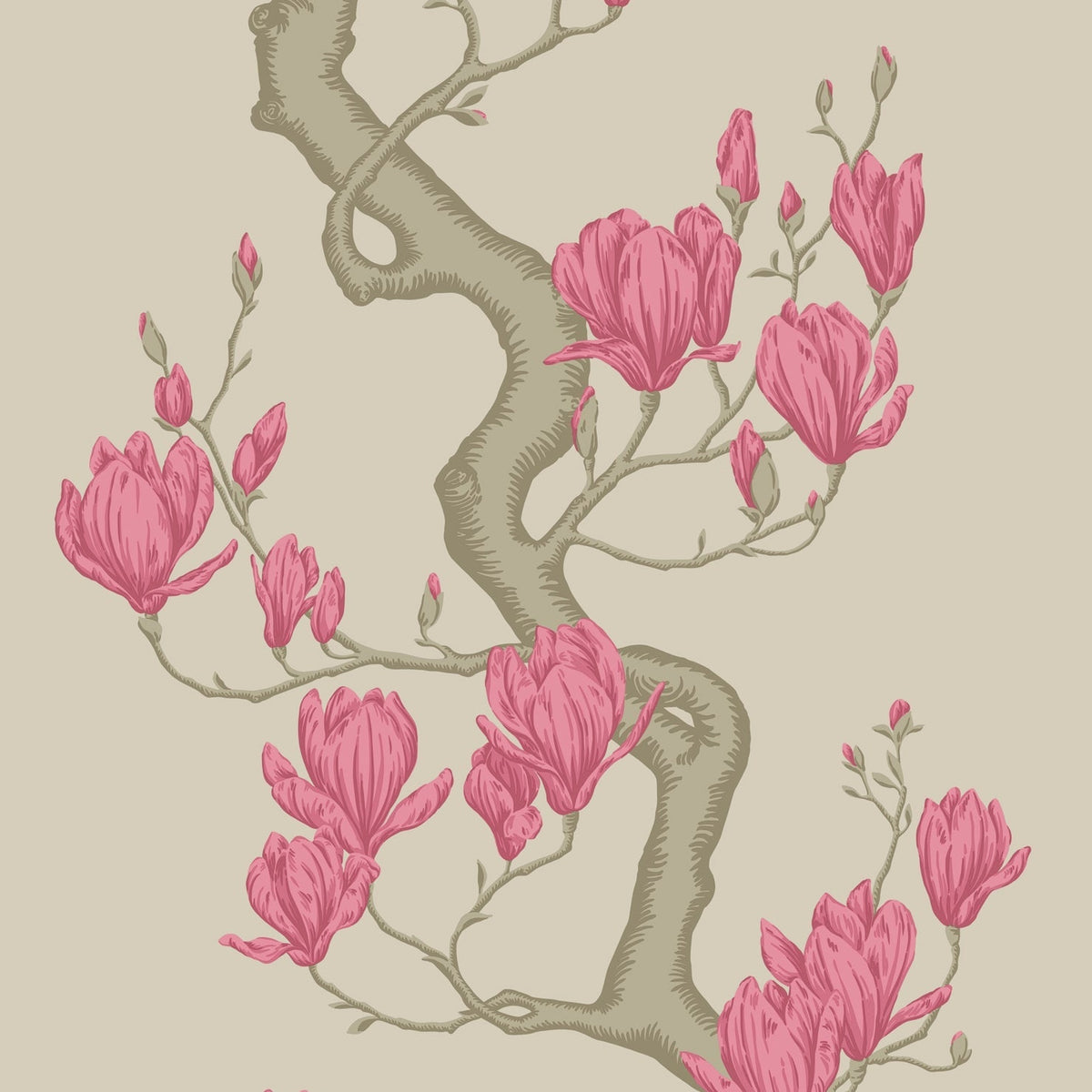 Magnolia Tree wallpaper by Cole & Son, Metallic Taupe and Magenta