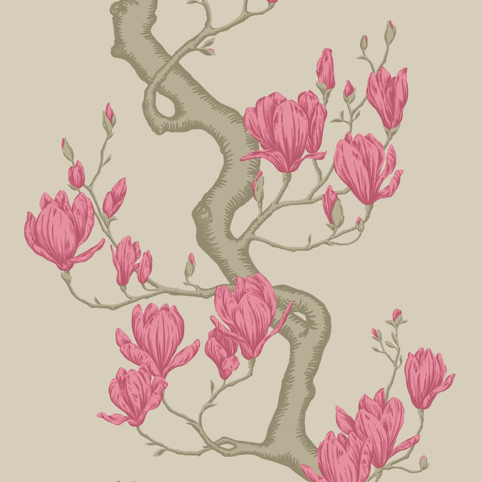 Magnolia Tree wallpaper by Cole & Son, Metallic Taupe and Magenta