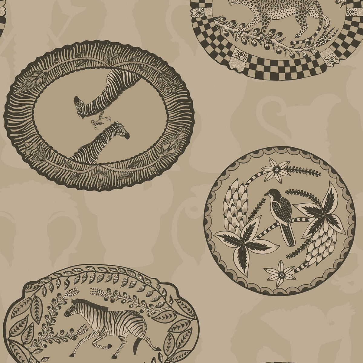 Matrinah wallpaper by Cole & Son, Metallic Gilver & Charcoal on Linen