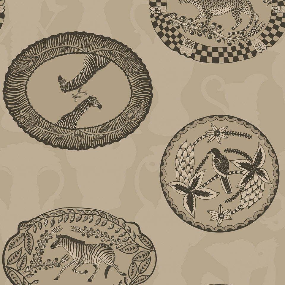 Matrinah wallpaper by Cole & Son, Metallic Gilver & Charcoal on Linen
