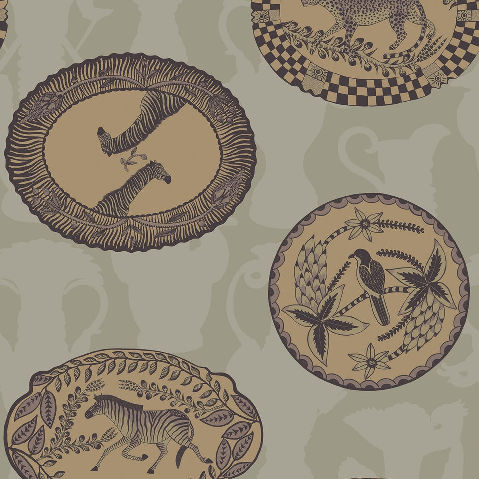 Matrinah wallpaper by Cole & Son, Metallic Gold & Charcoal on Old Olive