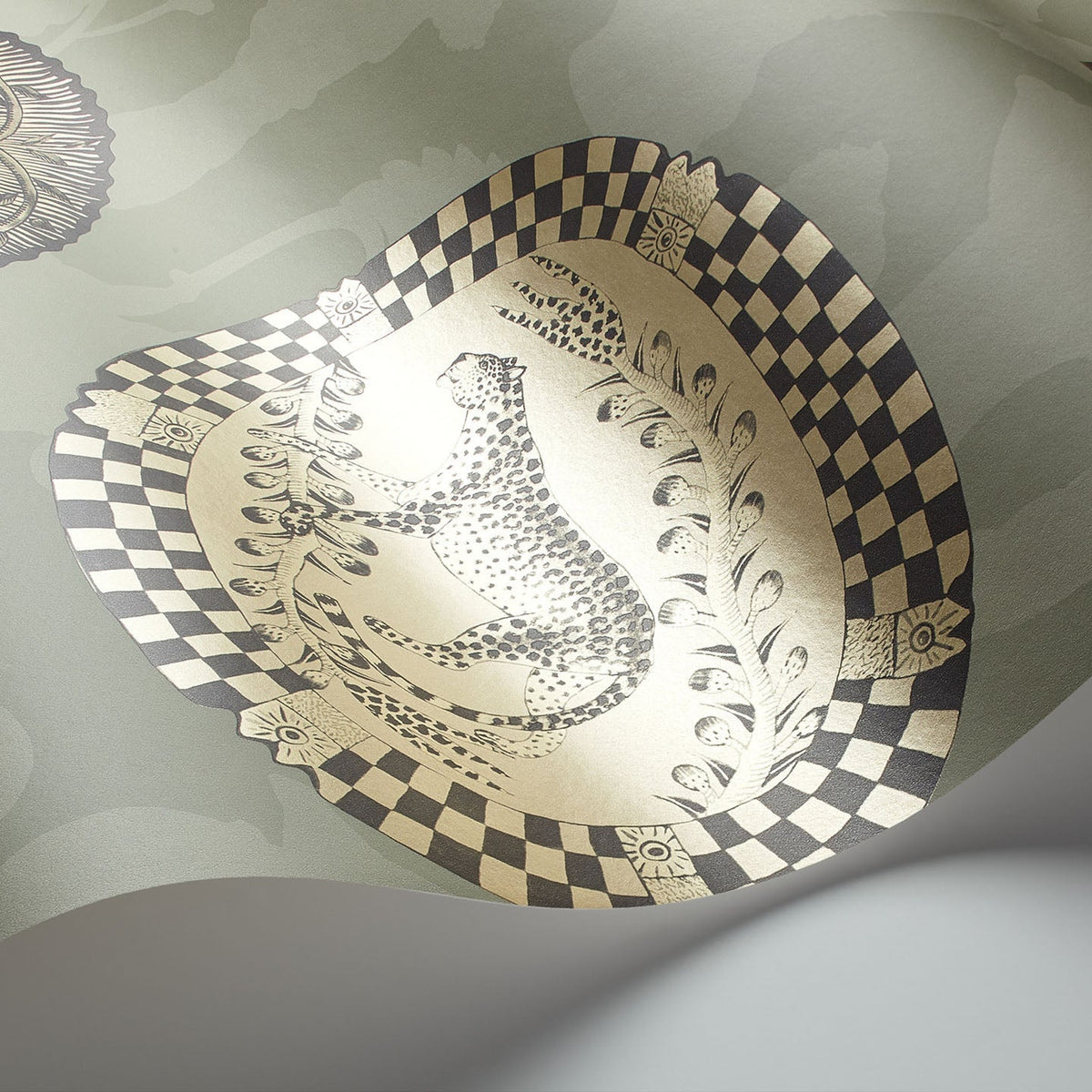 Matrinah wallpaper by Cole & Son, Metallic Gold & Charcoal on Old Olive, detail