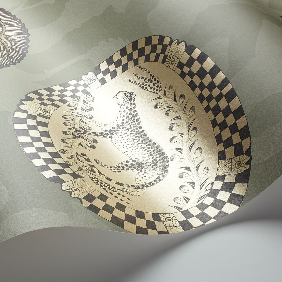 Matrinah wallpaper by Cole & Son, Metallic Gold & Charcoal on Old Olive, detail