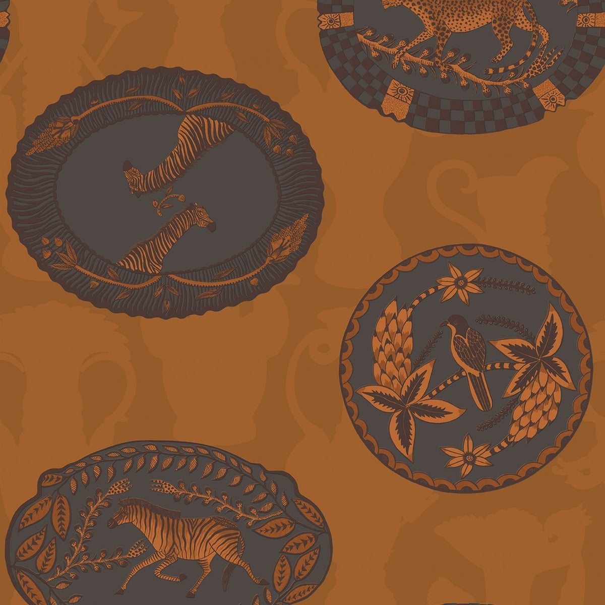 Matrinah wallpaper by Cole & Son, Burnt Orange & Charcoal on Ginger