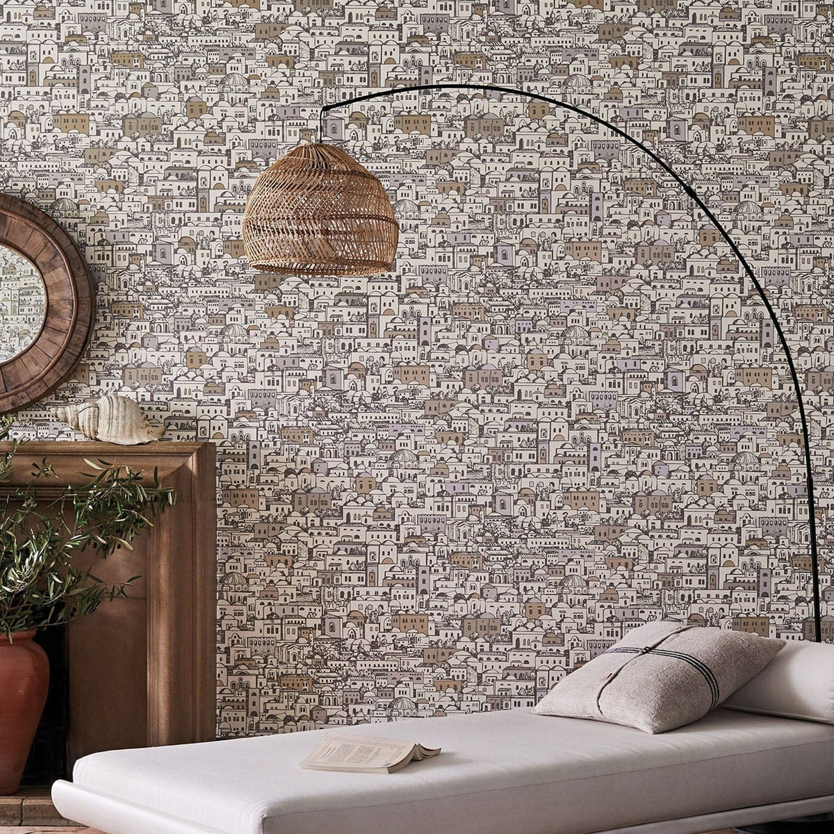 Mediterranea wallpaper by Cole & Son, White & Metallic Gilver, room setting