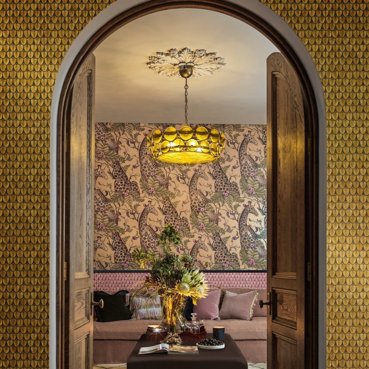 Cole & Son Narina Gold and Pink & Earth with Royal Giraffe in a room setting