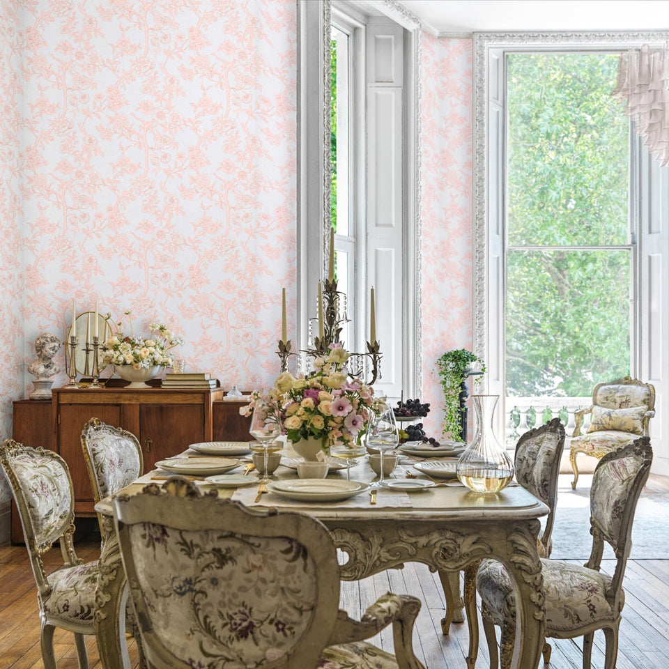 Cole & Son Paradise Tree wallpaper — Pastel Blue and Soft Pink room setting