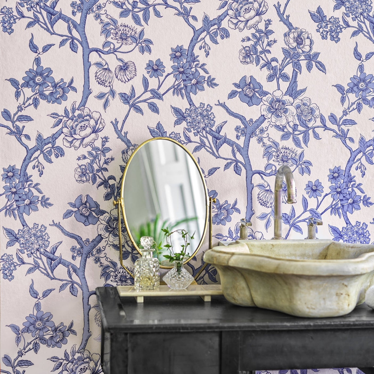 Cole & Son Paradise Tree wallpaper — Cornflower Blue and Soft White room setting