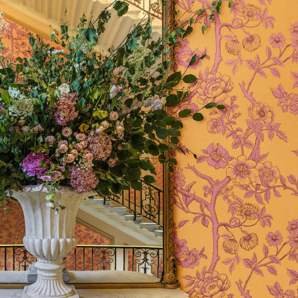 Cole & Son Paradise Tree wallpaper — Tangerine and Hibiscus room setting