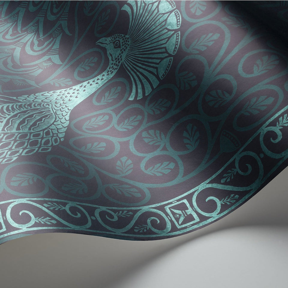 Cole & Son Pavo Parade wallpaper — Metallic Petrol on Ink detail