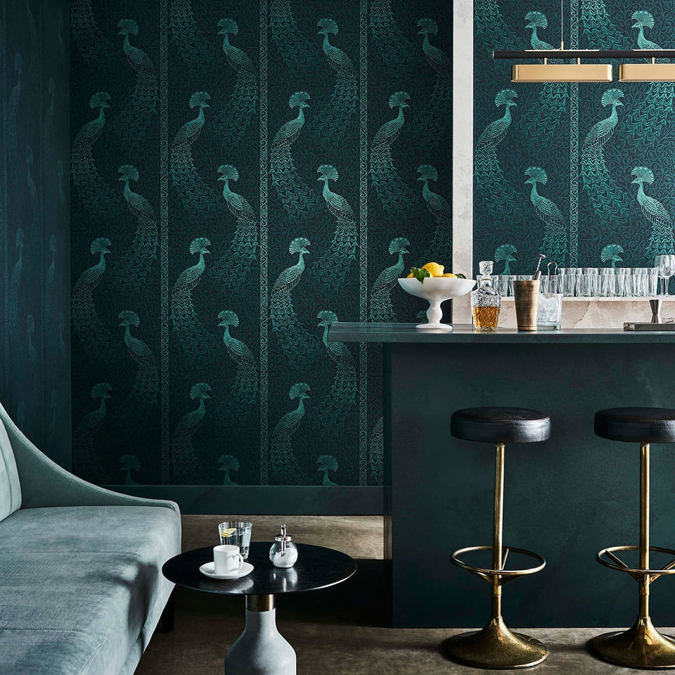 Cole & Son Pavo Parade wallpaper — Metallic Petrol on Ink room setting