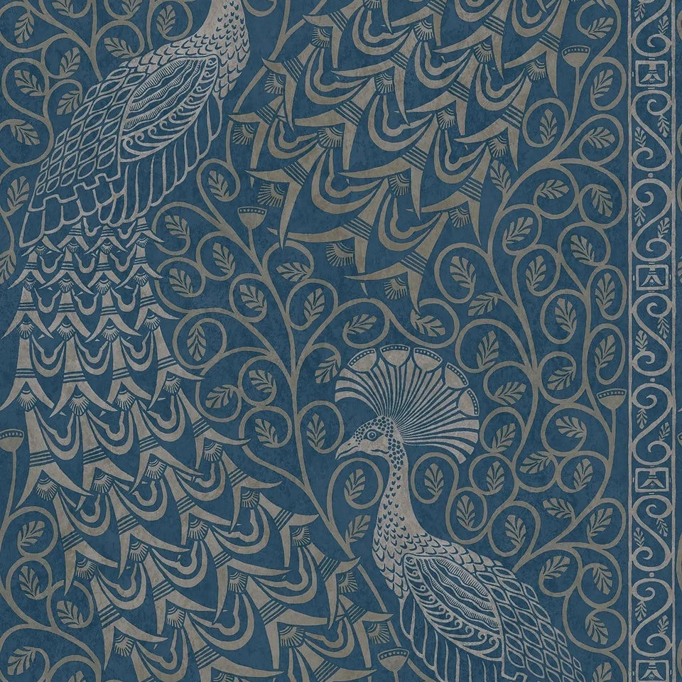 Cole & Son Pavo Parade wallpaper — Metallic Silver on Denim