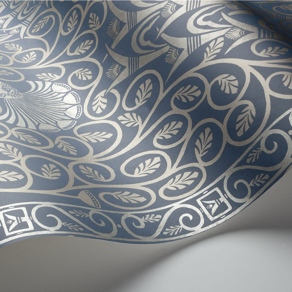 Cole & Son Pavo Parade wallpaper — Metallic Silver on Denim detail