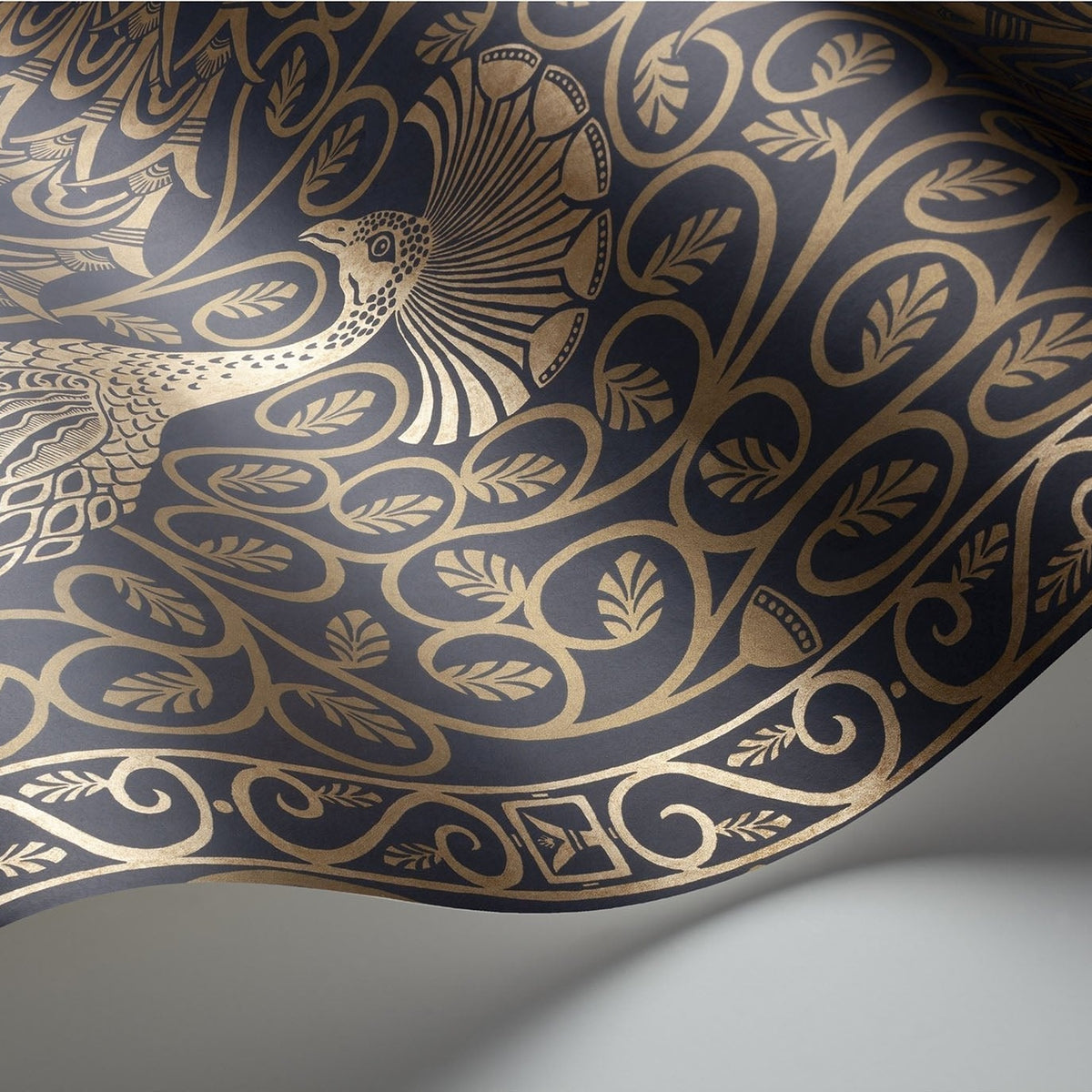 Cole & Son Pavo Parade wallpaper — Metallic Bronze on Midnight detail