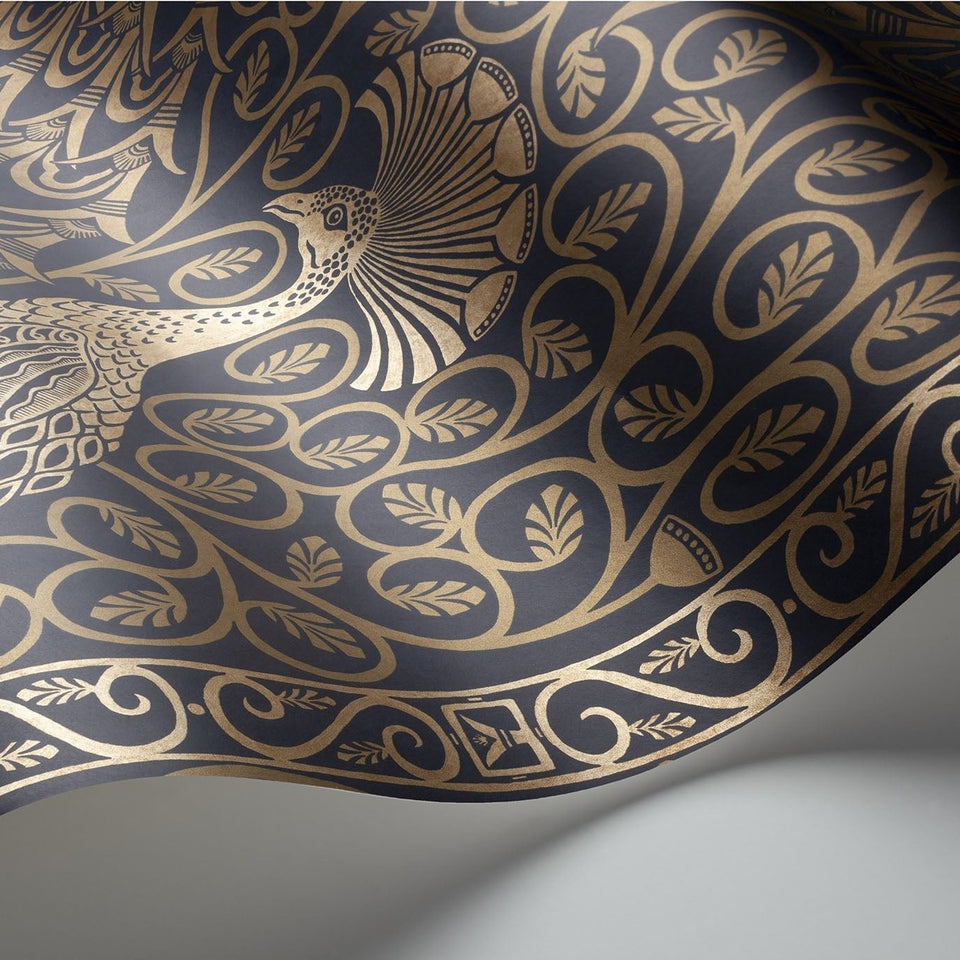 Cole & Son Pavo Parade wallpaper — Metallic Bronze on Midnight detail