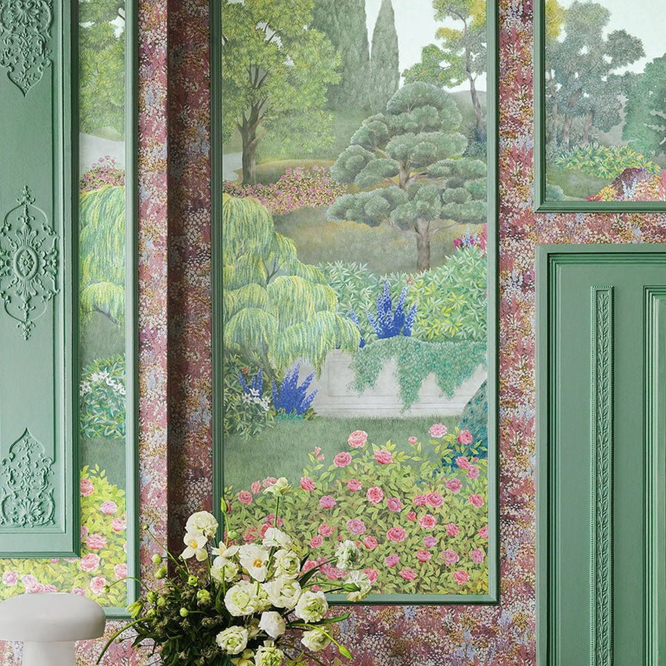 Cole & Son Petite Fleur wallpaper — Peach & Blush room setting alongside Idyll
