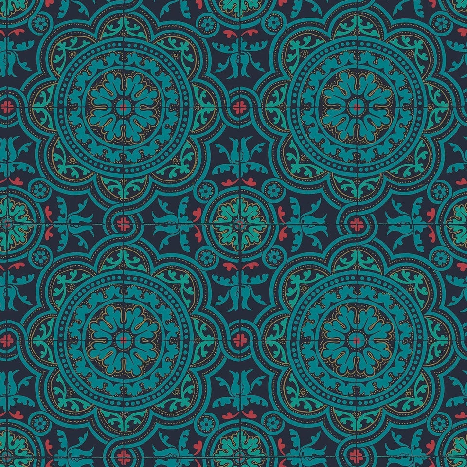 Cole & Son Piccadilly wallpaper — Petrol, Red & Metallic Gold on Ink