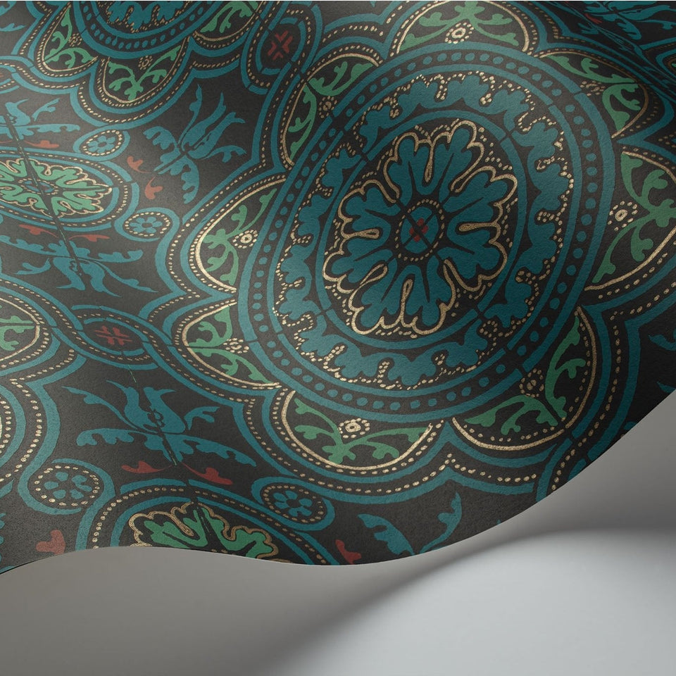 Cole & Son Piccadilly wallpaper — Petrol, Red & Metallic Gold on Ink detail