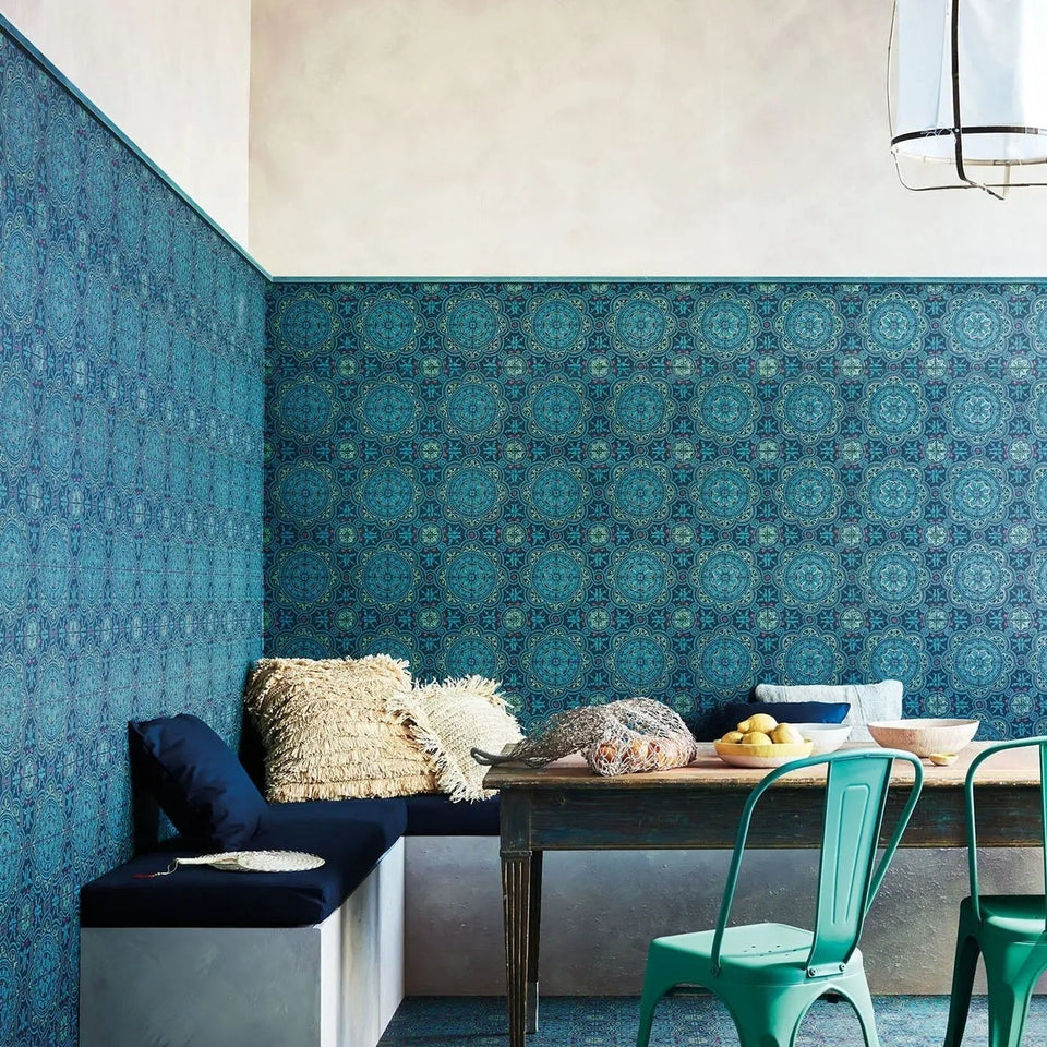 Cole & Son Piccadilly wallpaper — Petrol, Red & Metallic Gold on Ink room setting