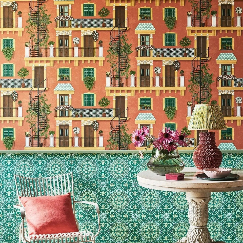 Cole & Son Piccadilly wallpaper — Leaf Green & Mint on Forest room setting alongside another wallpaper