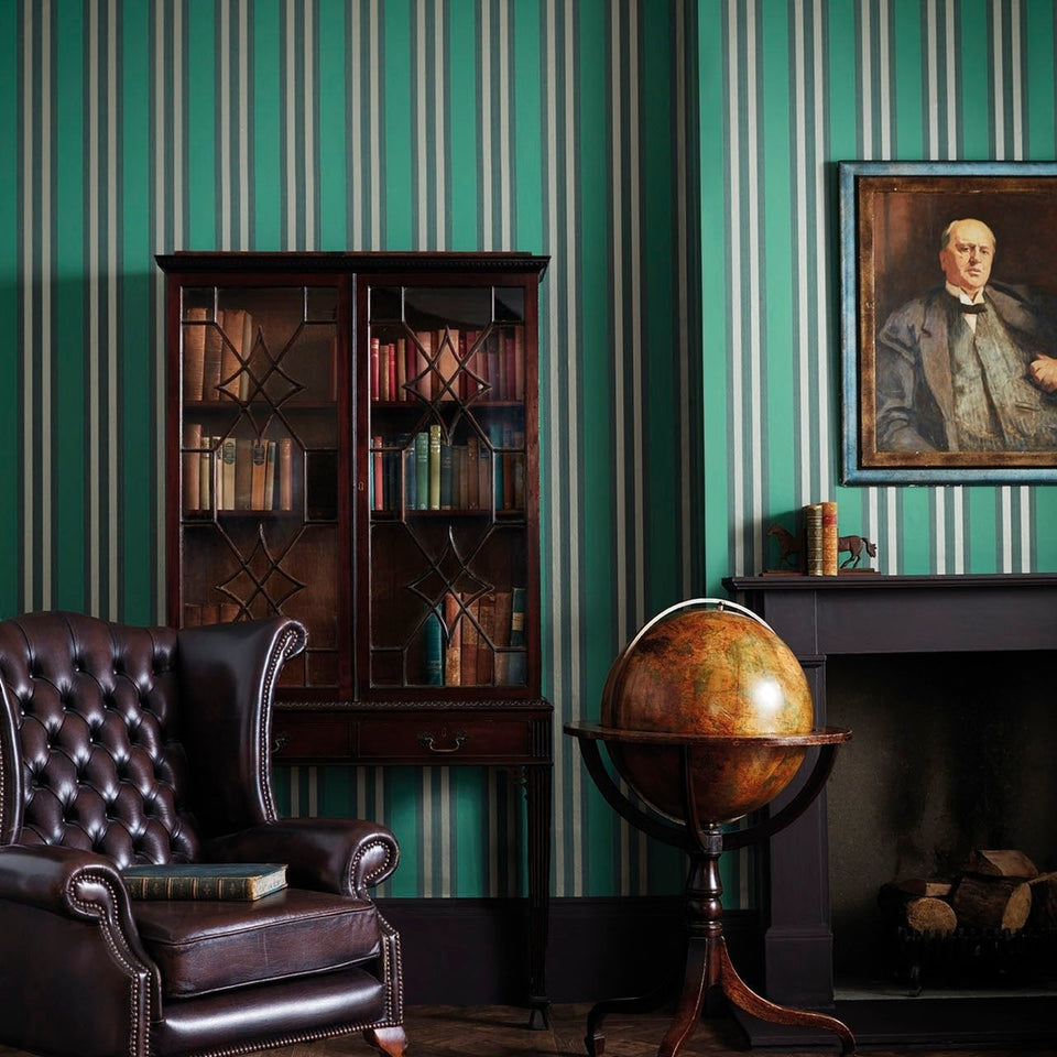 Cole & Son Polo Stripe wallpaper — Viridian & Metallic Gilver room setting