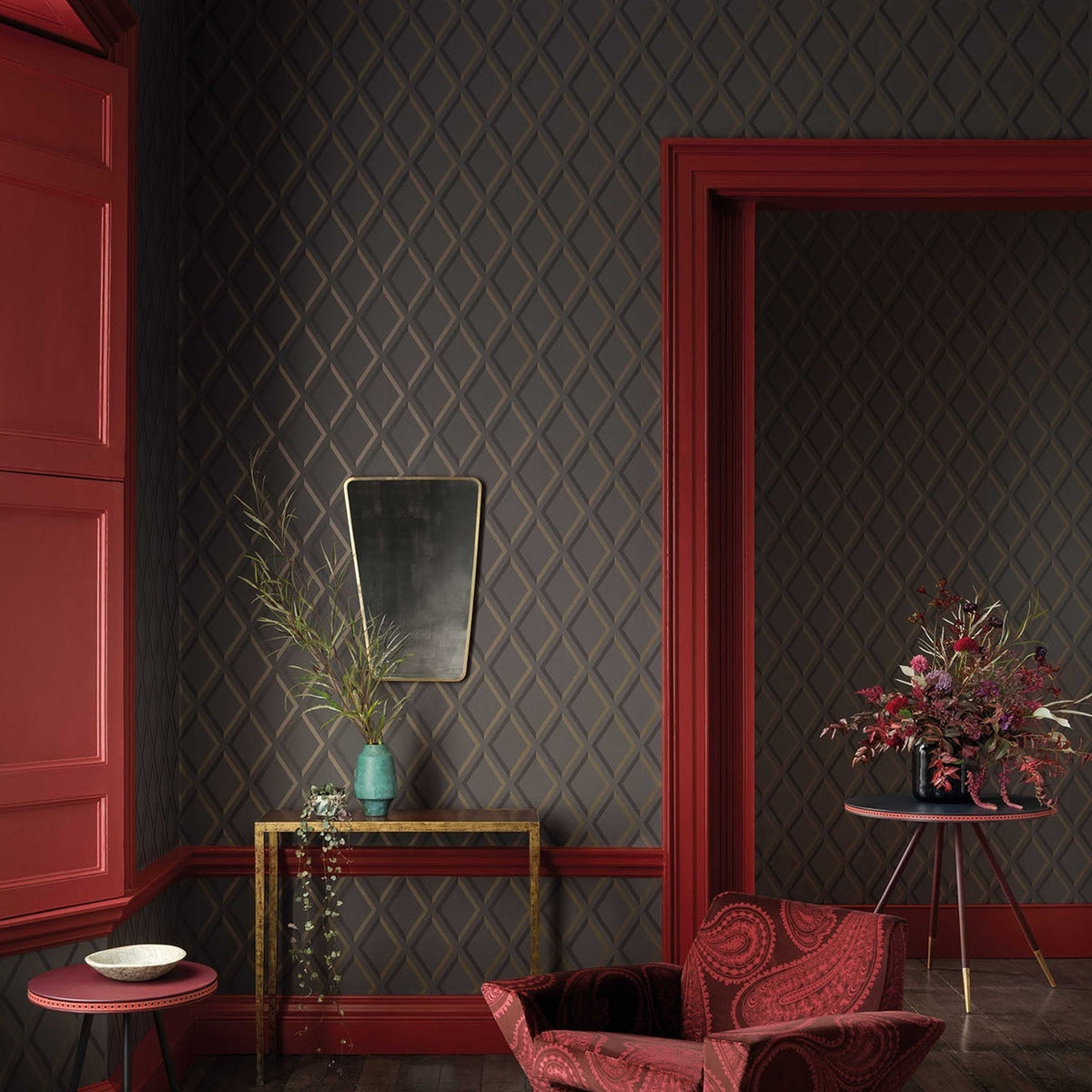 Cole & Son Pompeian wallpaper — Dark Pewter & Bronze on Soot room setting