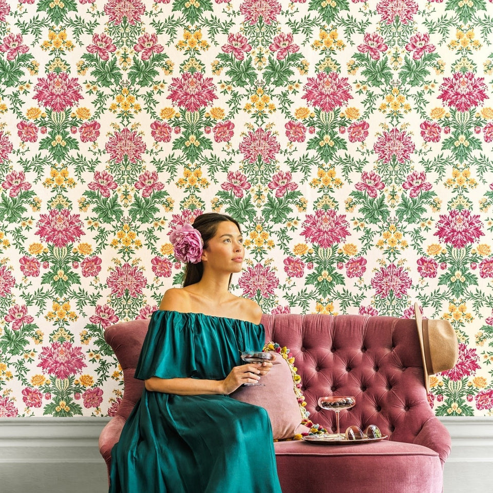 Cole & Son Poppies wallpaper — Soft Fuchsia, Buttercup and Fern on Cream room setting