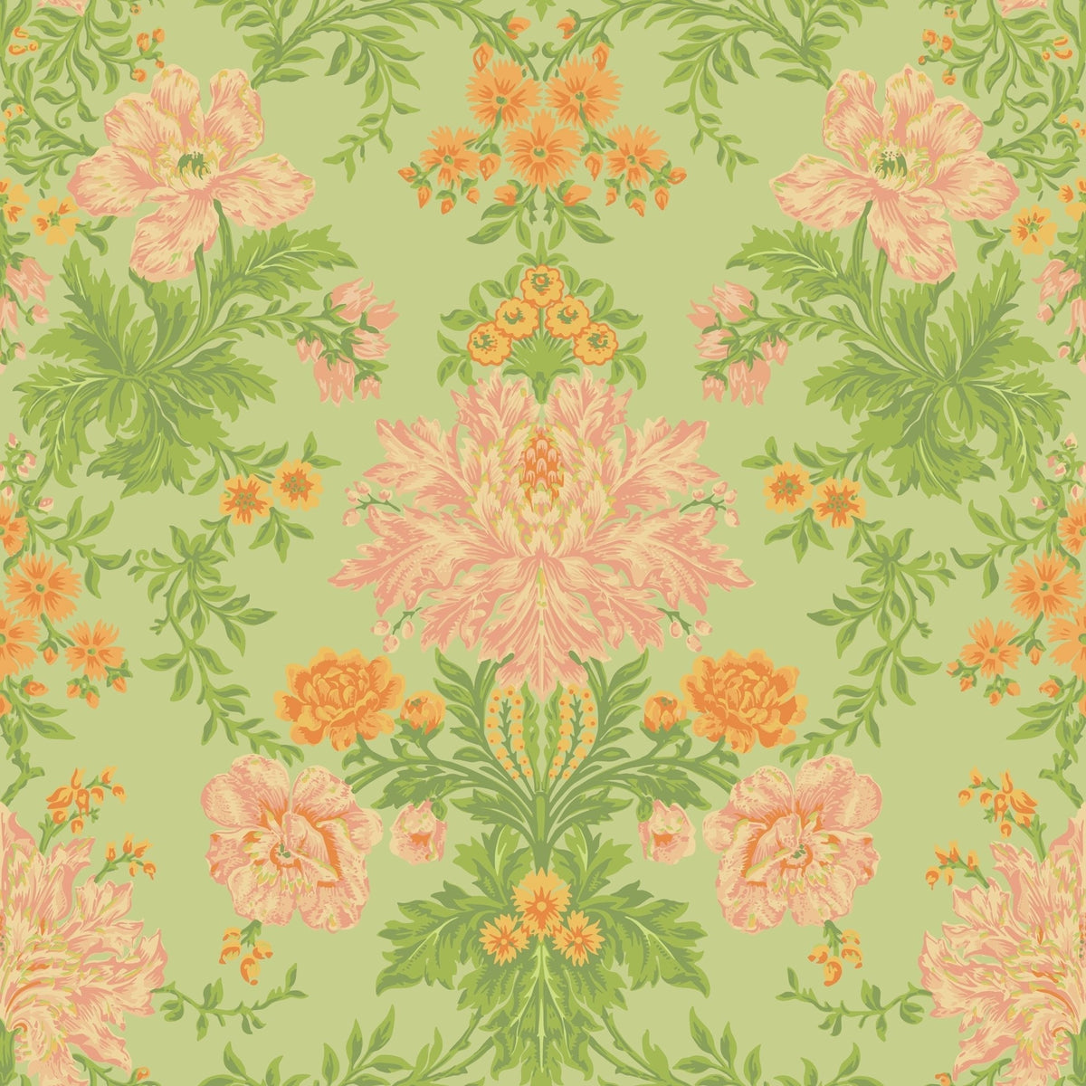 Cole & Son Poppies wallpaper — Peach, Marigold and Grass on Soft Green