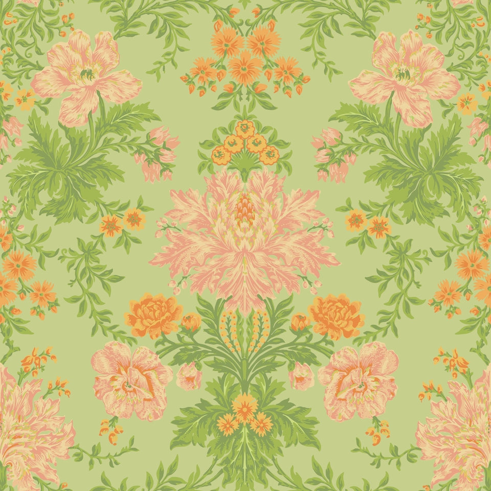 Cole & Son Poppies wallpaper — Peach, Marigold and Grass on Soft Green