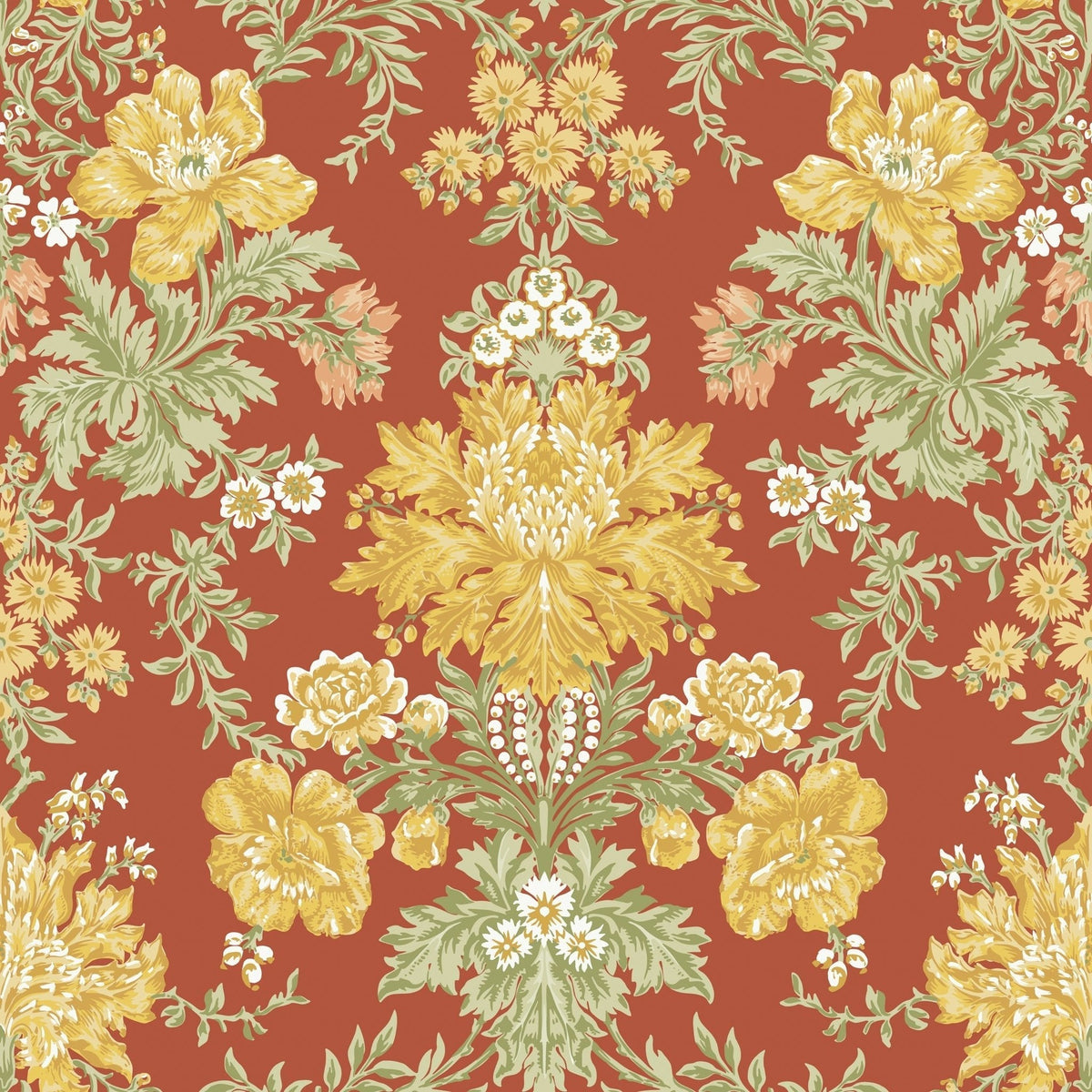 Cole & Son Poppies wallpaper — Soft Yellow, Cream and Spring Green on Terracotta