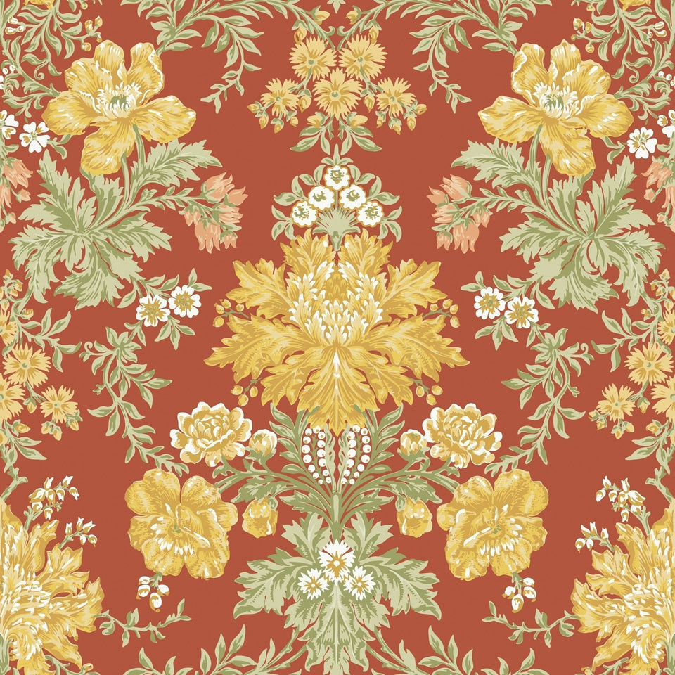 Cole & Son Poppies wallpaper — Soft Yellow, Cream and Spring Green on Terracotta