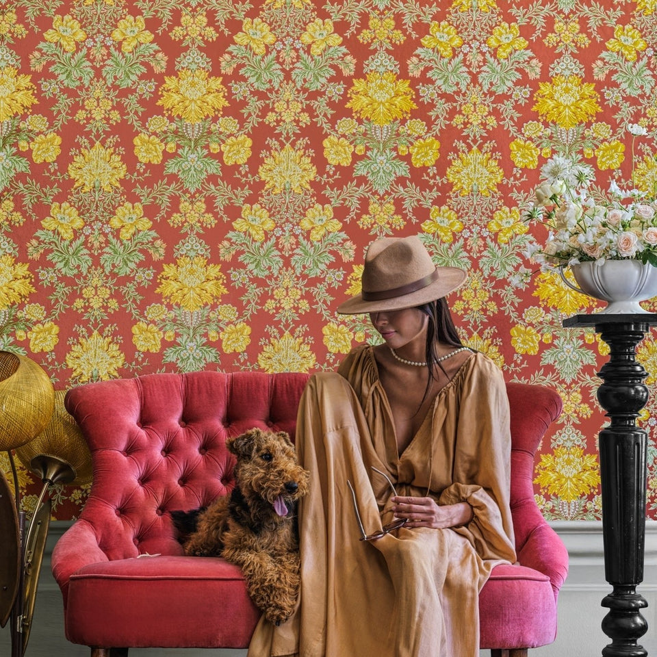 Cole & Son Poppies wallpaper — Soft Yellow, Cream and Spring Green on Terracotta room setting
