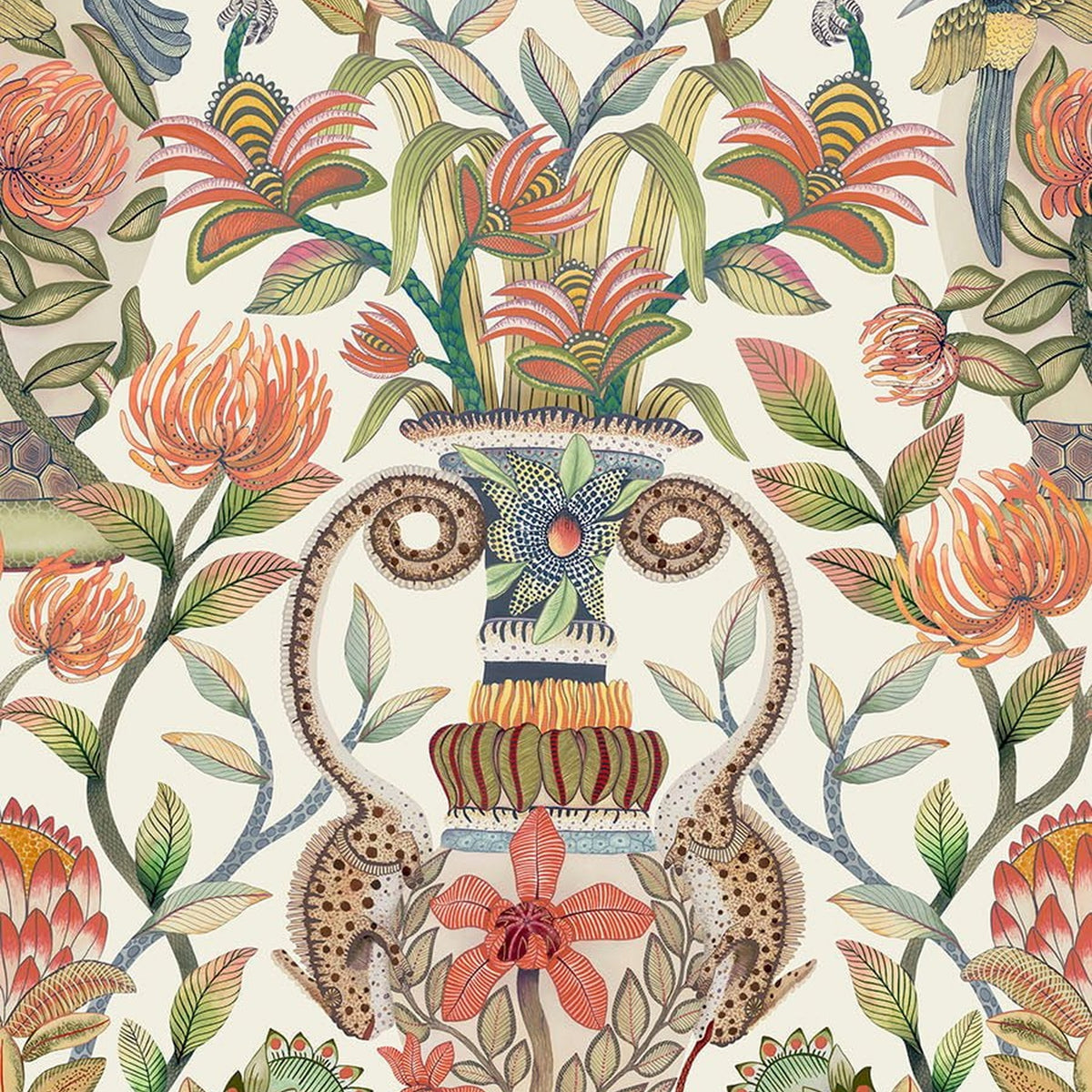 Cole & Son Protea Garden wallpaper — Olive Green & Tangerine on White