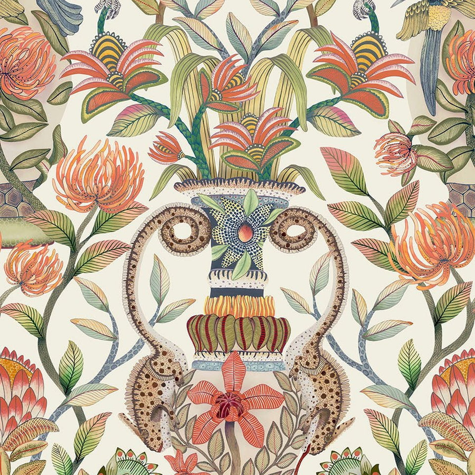 Cole & Son Protea Garden wallpaper — Olive Green & Tangerine on White