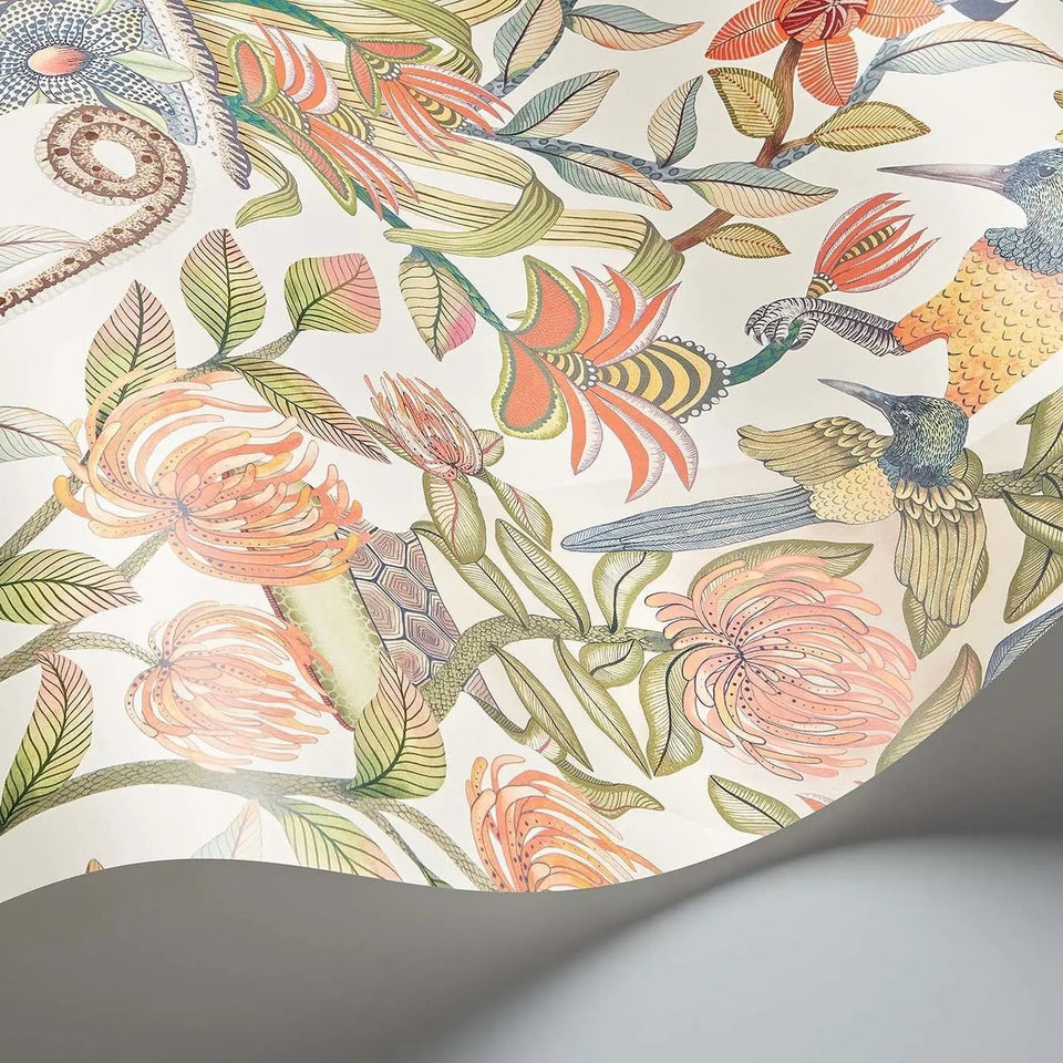 Cole & Son Protea Garden wallpaper — Olive Green & Tangerine on White detail