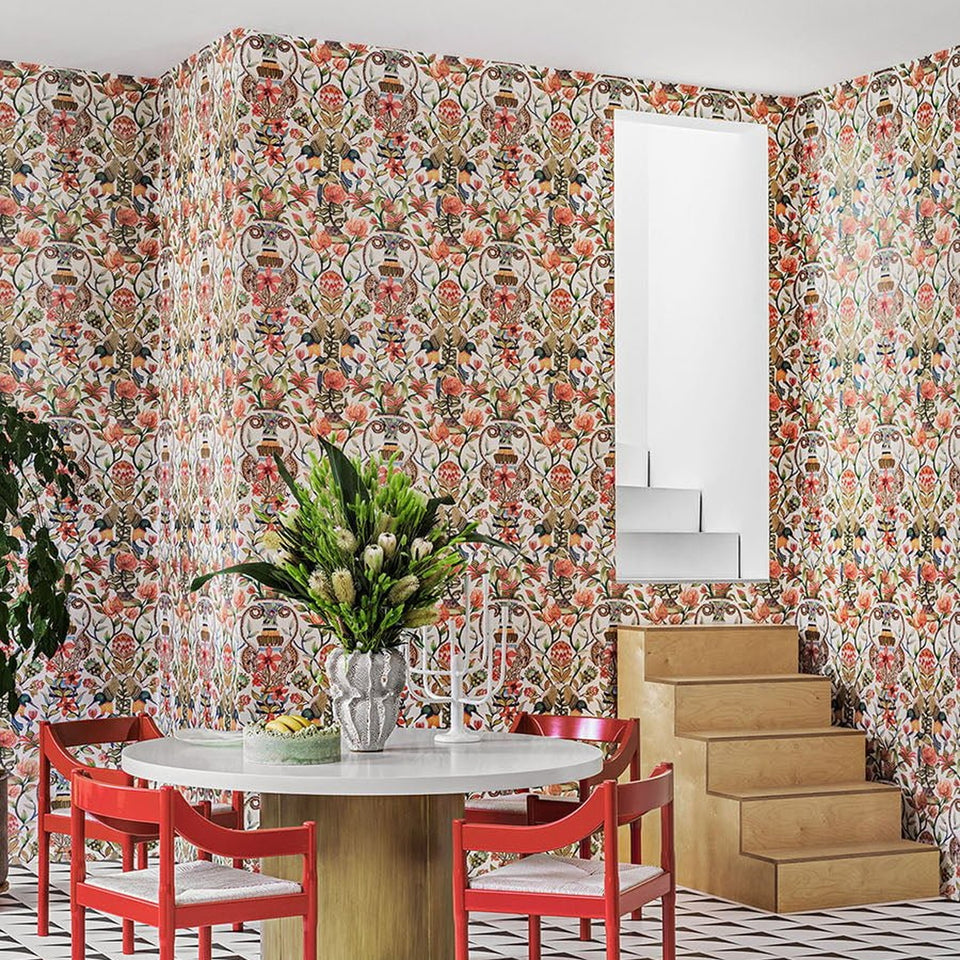 Cole & Son Protea Garden wallpaper — Olive Green & Tangerine on White room setting