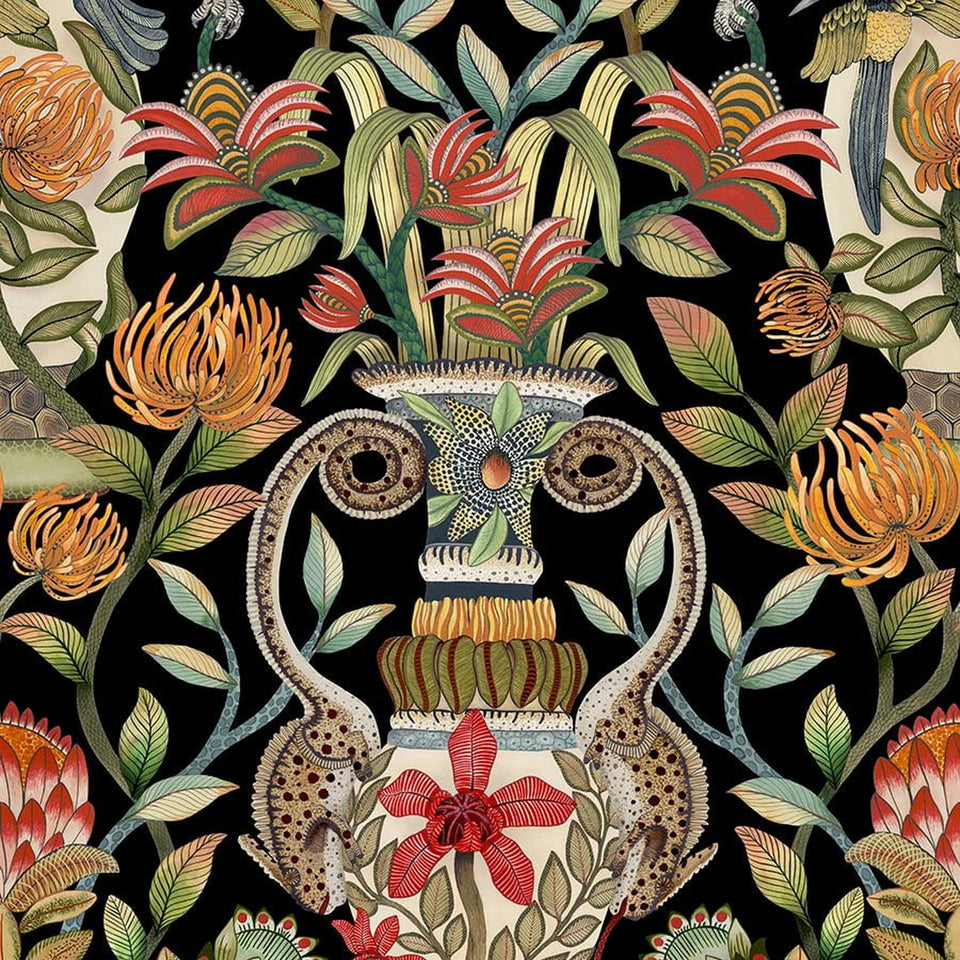 Cole & Son Protea Garden wallpaper — Olive & Rouge on Black