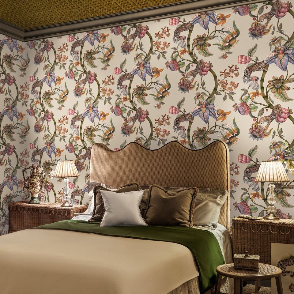 Protea Panthera wallpaper in Stone in a bedroom, with coordinating Narina wallpaper