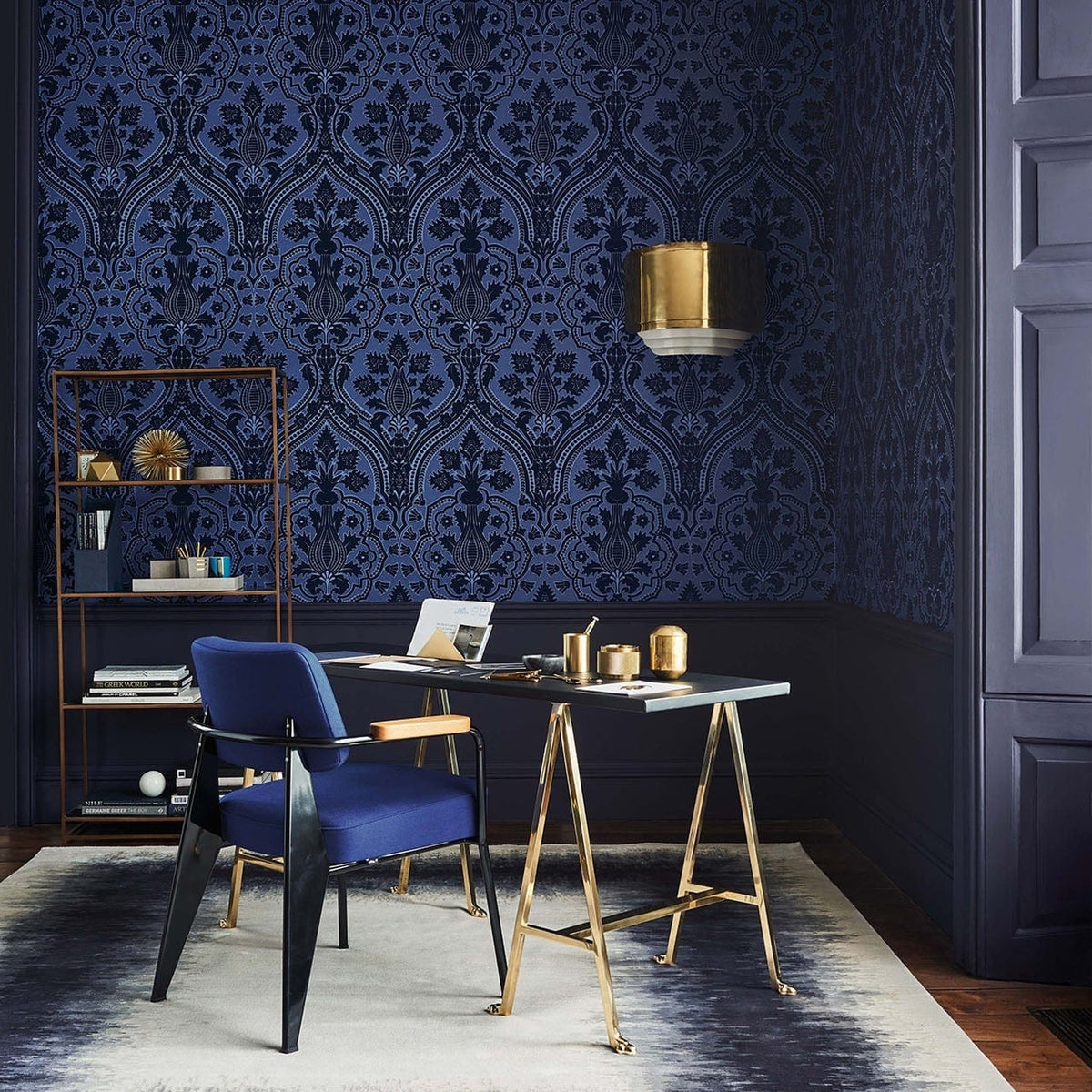 Pugin Palace Flock wallpaper in Dark Hyacinth in a study