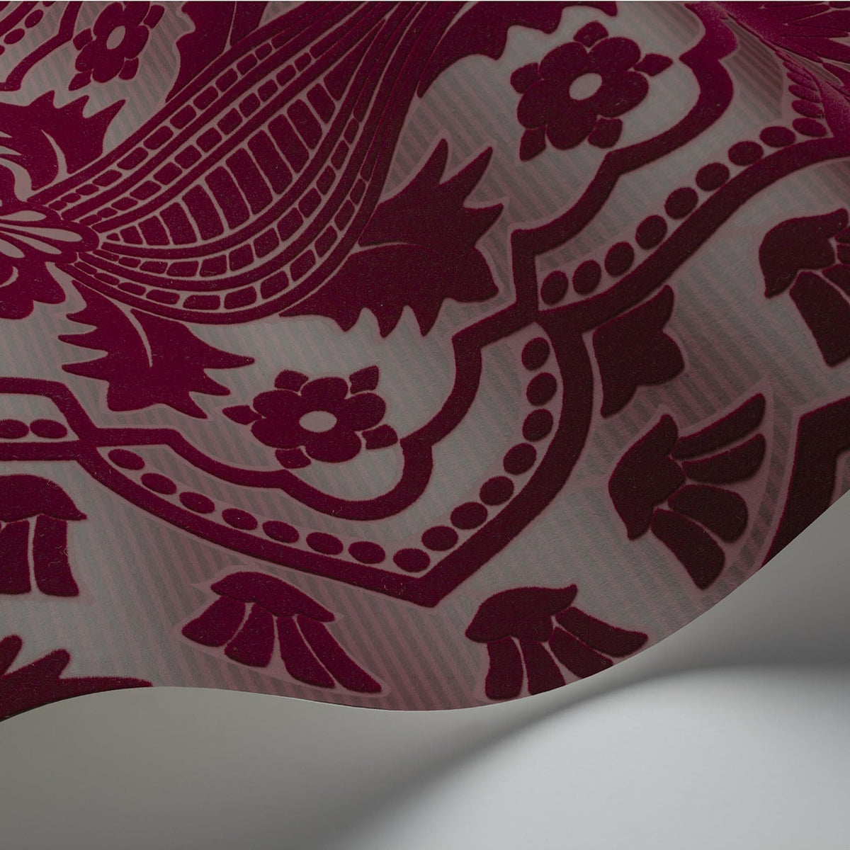 Pugin Palace Flock in Claret — flocked texture detail