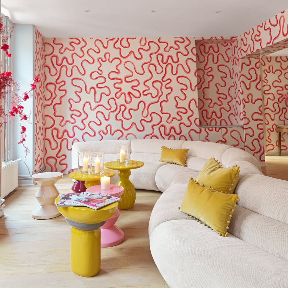 Rainforest Squiggle wallpaper in Crimson & Lipstick on Parchment by Cole & Son x Vivienne Westwood — living room