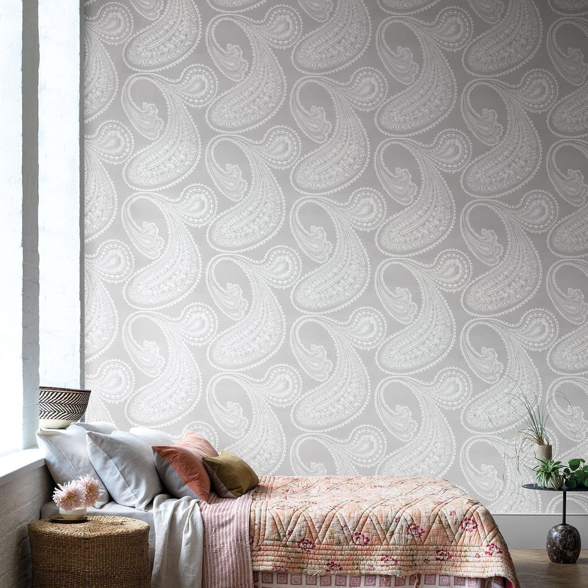 Rajapur wallpaper in Chalk on Heath Grey by Cole & Son — room setting