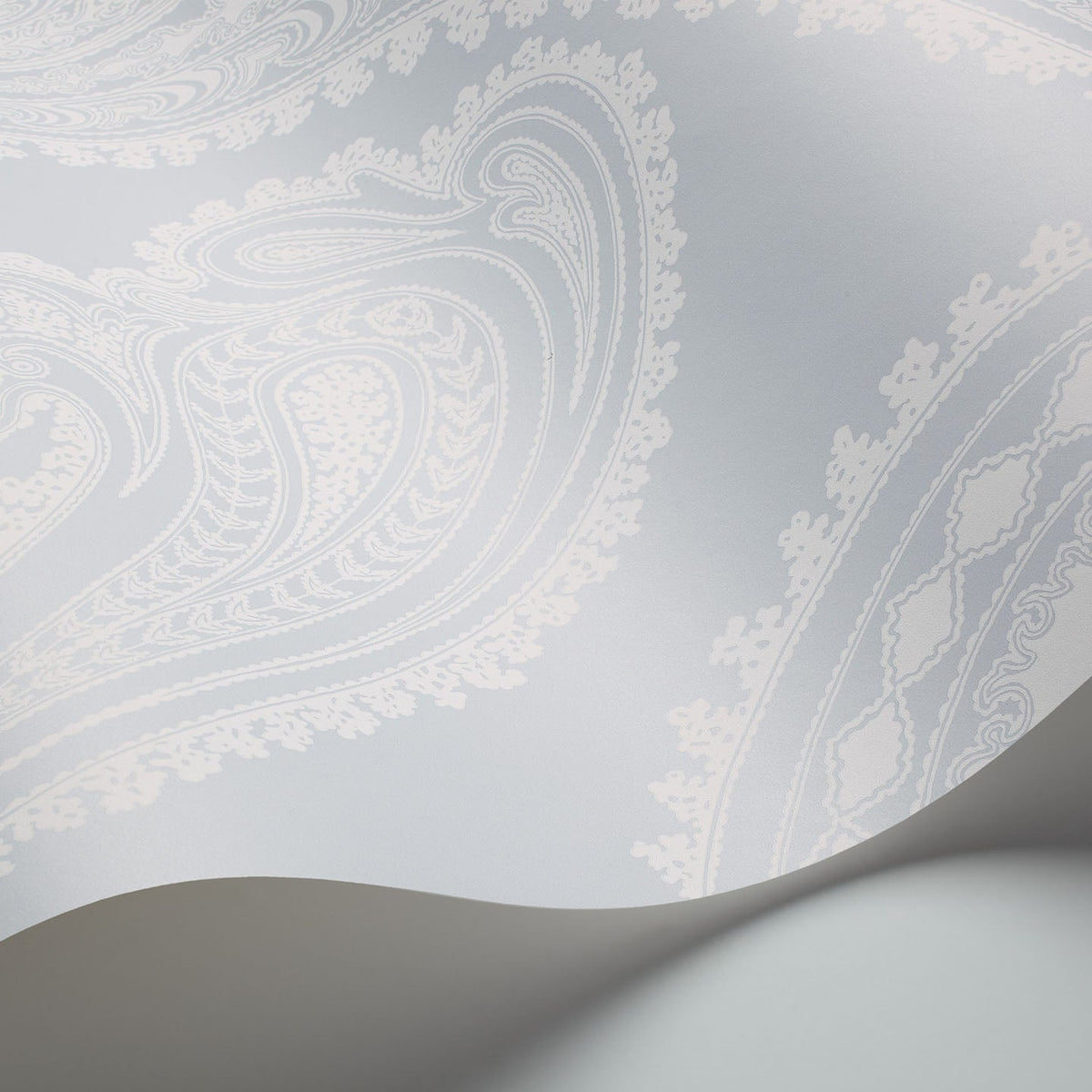 Rajapur wallpaper in Chalk on Powder Blue by Cole & Son — finish detail