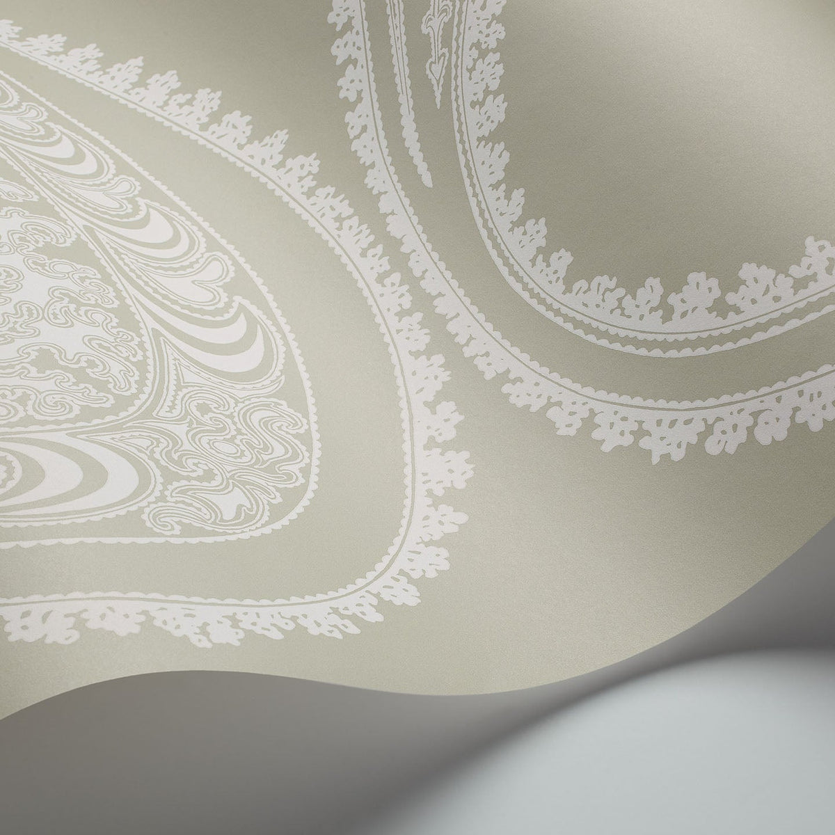 Rajapur wallpaper in Chalk on Soft Olive by Cole & Son — finish detail
