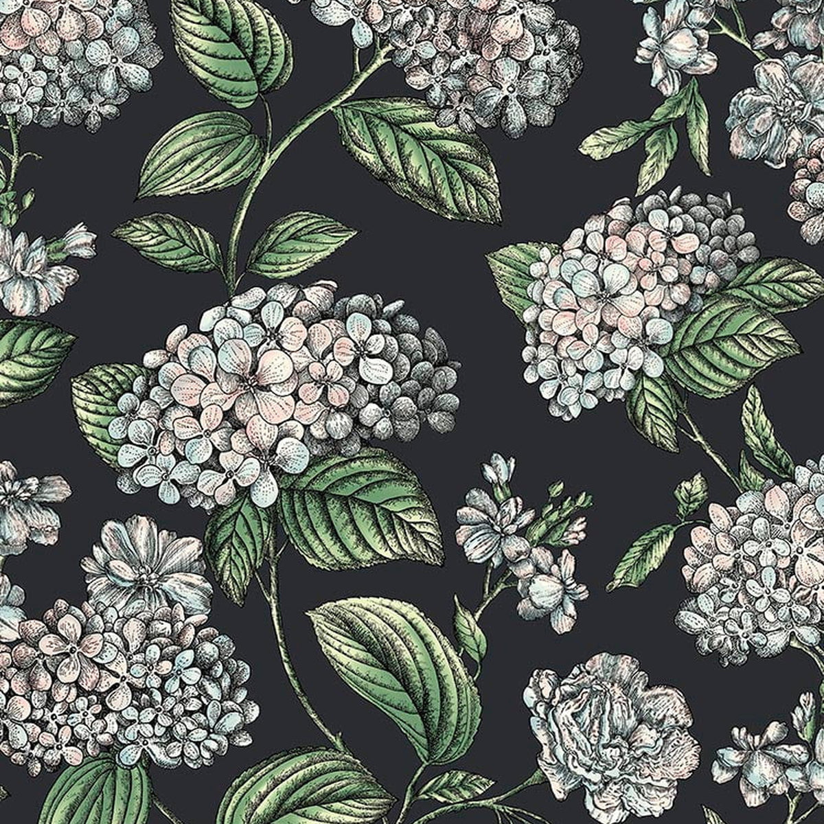 Ramo di Ortensia wallpaper in Pastel on Charcoal by Cole & Son — design detail