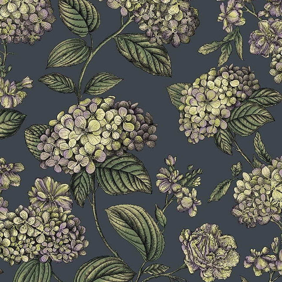 Ramo di Ortensia wallpaper in Lime & Purple on Ink by Cole & Son — design detail