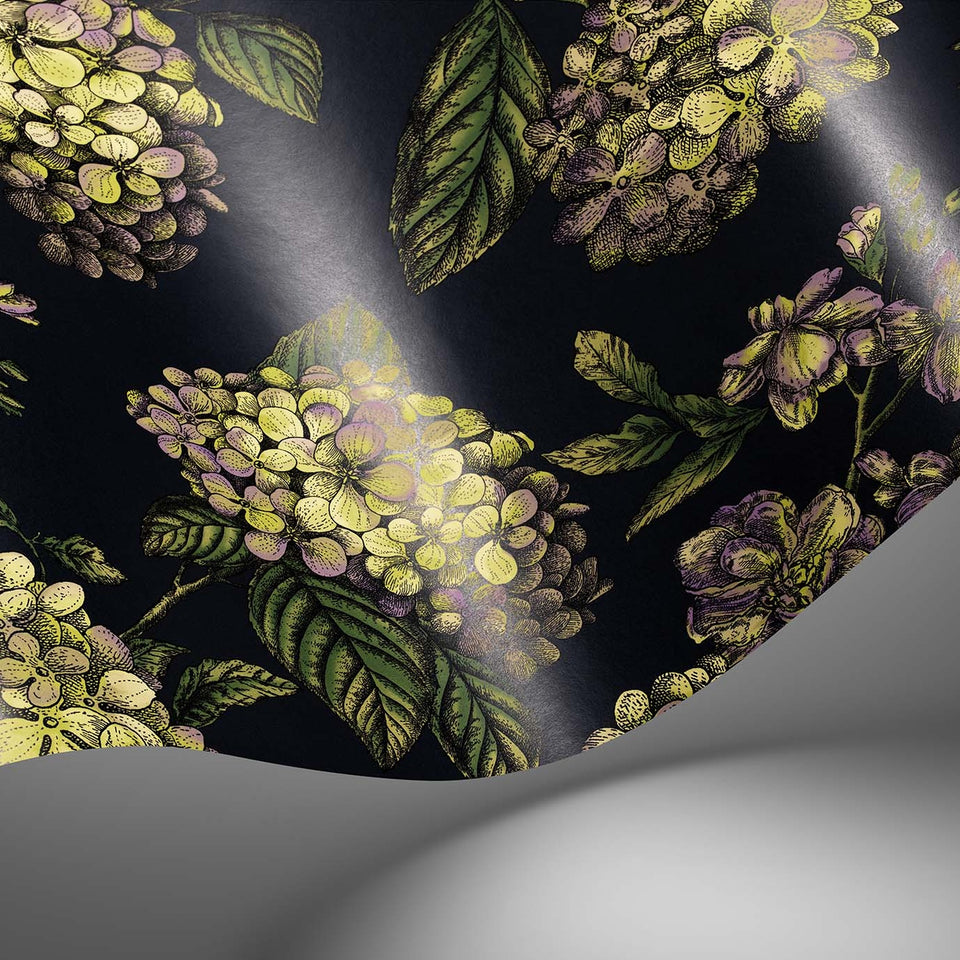 Ramo di Ortensia wallpaper in Lime & Purple on Ink by Cole & Son — finish detail